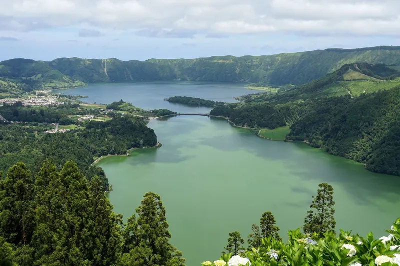 Aerial view of the Sete Cidades crater lakes on São Miguel, Azores